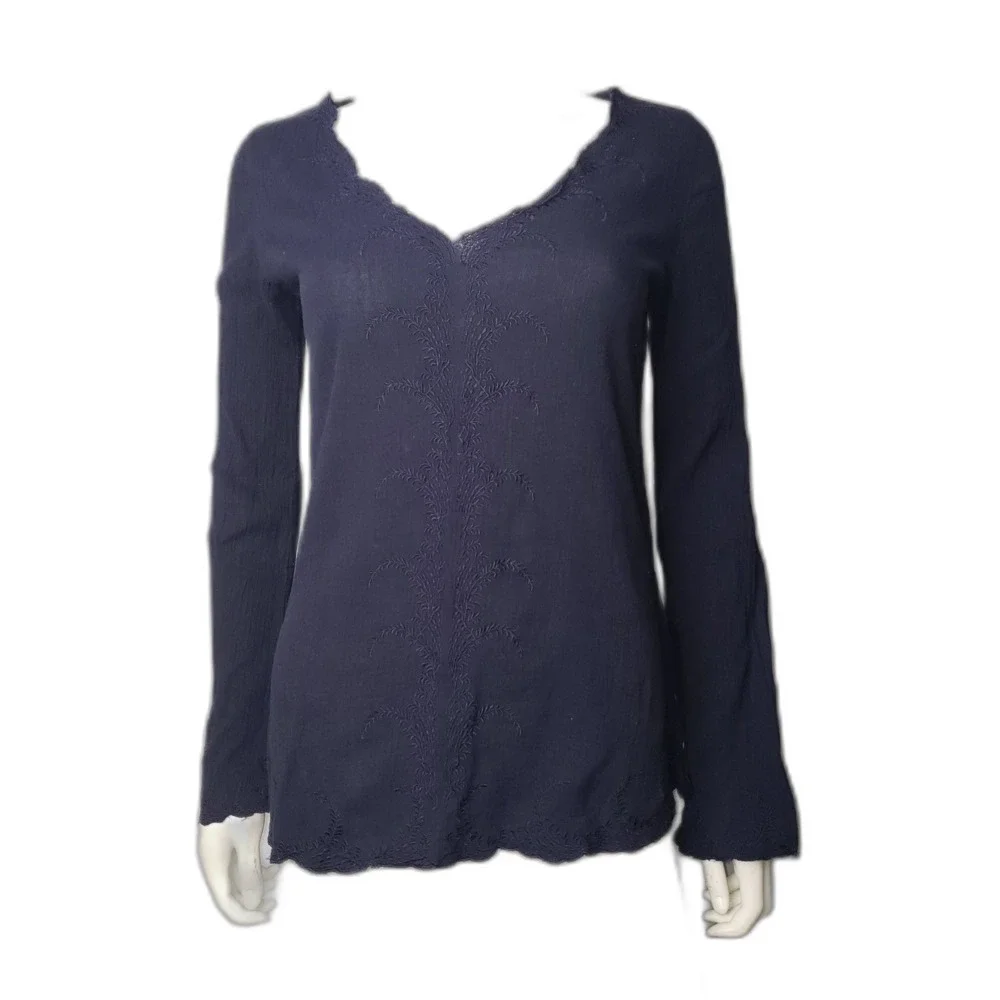 J. CREW Navy Blue Long Sleeve Cotton Embroidered Scalloped V Neck Top Womens XS